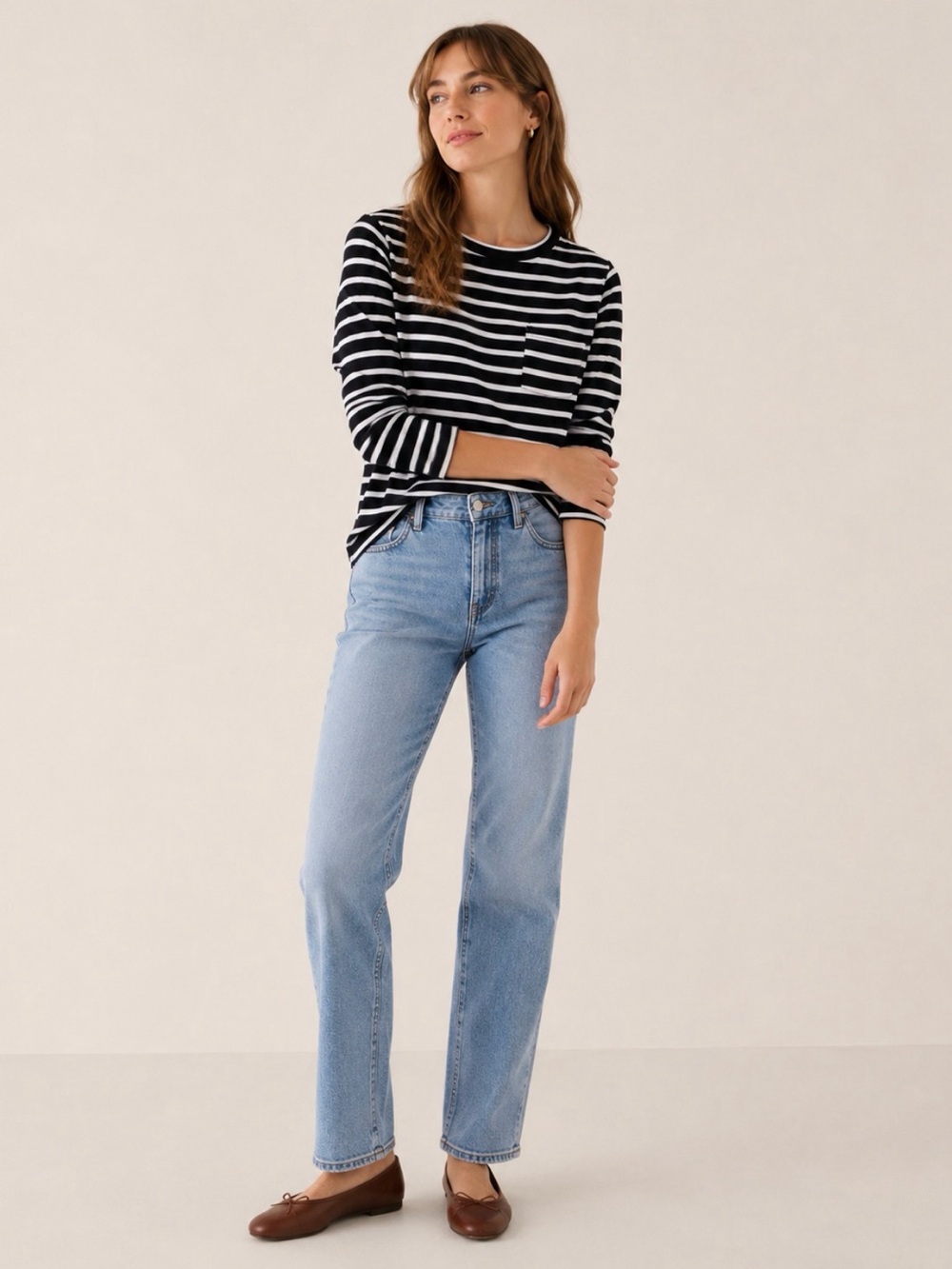 Banana Republic Black & White Striped Cotton Long Sleeve Top Medium